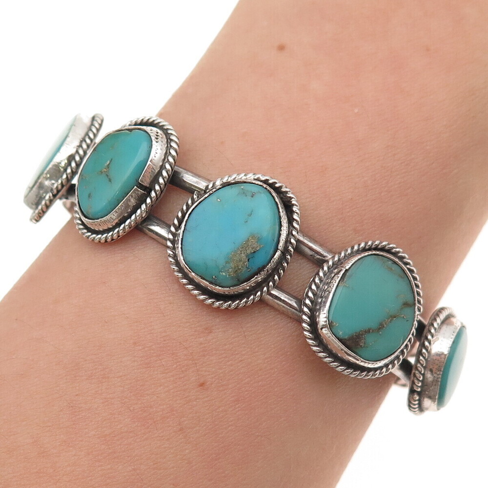 Old Pawn 925 Sterling Vintage Southwestern Turquoise Adjustable Bracelet 5.75"